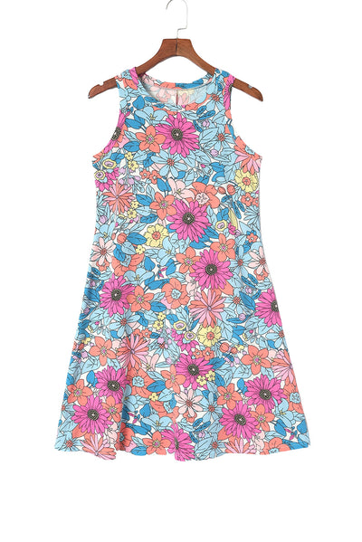 Multicolor Round Neck Sleeveless Floral Mini Dress-Dresses-MomFashion