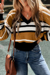 Brown Stripe Contrast Stripes V Neck Textured Knit Sweater-Tops-MomFashion