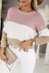 Pink Colorblock Waffle Knit Long Sleeve Top-Tops-MomFashion