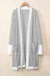 White Striped Side Pockets Open Front Cardigan-Tops-MomFashion