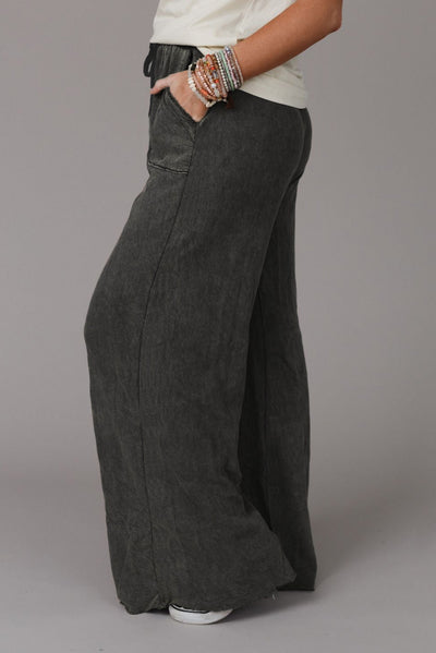 Gray Mineral Washed Drawstring Retro Wide Leg Pants-Bottoms-MomFashion