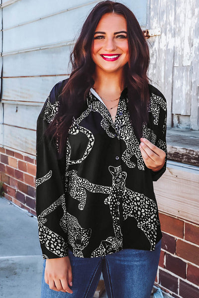 Black Cheetah Print Satin Shirt-Tops-MomFashion