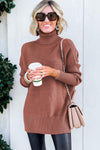 Mineral Red Turtleneck Ribbed Knit Tunic Sweater-Tops-MomFashion