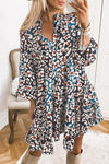 Blue Leopard Print Bubble Sleeve Ruffled Shirt Dress-Dresses-MomFashion