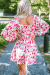 Pink Ruffle Tiered High Waist Puff Sleeve Floral Dress-Dresses-MomFashion