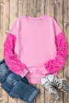 Pink Sequin Patchwork Long Sleeve Pullover Top-Tops-MomFashion