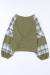 Green Plaid Patch Waffle Knit Exposed Seam Bubble Sleeve Top-Tops-MomFashion