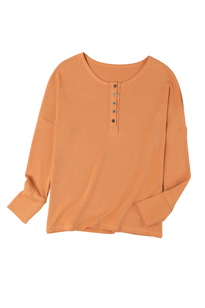 Orange Waffle Knit Henley Top-Tops-MomFashion