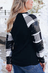 Black Sequin Plaid Patchwork Raglan Sleeve Top-Tops-MomFashion