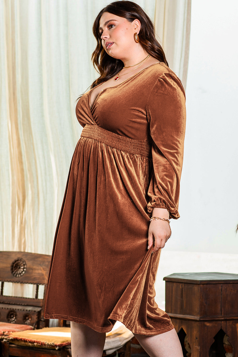 Camel Surplice V Neck Balloon Sleeve Velvet Dress-Plus Size-MomFashion