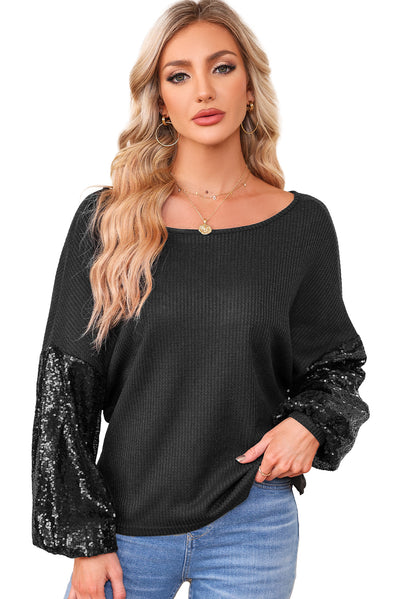 Black Sequin Patchwork Sleeve Open Back Waffle Knit Top-Tops-MomFashion