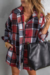 Red Plaid Print Buttoned Shirt Jacket-Outerwear-MomFashion