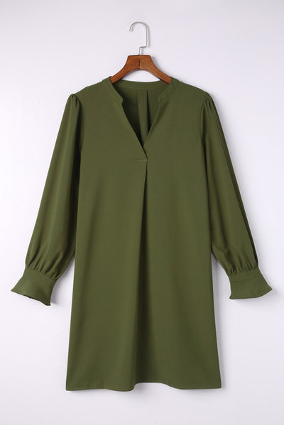 Green Split V Neck Ruffled Sleeves Shirt Dress-Dresses-MomFashion