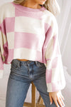 Pink Checkered Bishop Sleeve Sweater-Tops-MomFashion