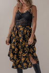 Black Printed Elastic Waist Button Decor Floral Ruffle Skirt-Bottoms-MomFashion