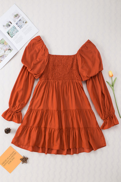 Brown Boho Solid Shirred Ruffle Mini Dress-Dresses-MomFashion