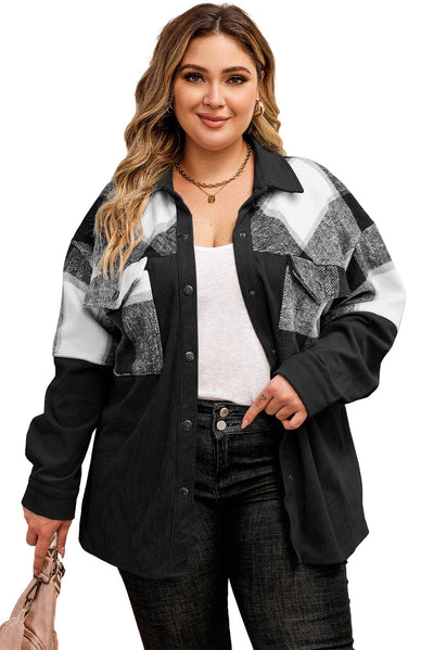 Black Plaid Patchwork Plus Size Corduroy Shacket-Plus Size-MomFashion