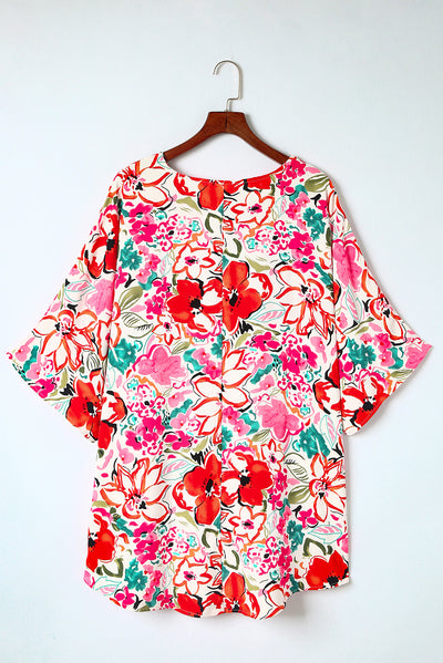 Rose Plus Size Floral Print Kimono Sleeve Shirt-Plus Size-MomFashion