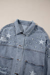 Sky Blue Distressed Pearls Star Cropped Denim Jacket-Outerwear-MomFashion