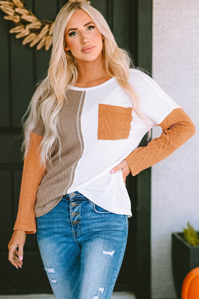 Orange Long Sleeve Colorblock Chest Pocket Textured Knit Top-Tops-MomFashion