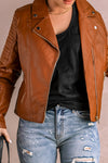 Brown Ribbed Seam Detail Faux Leather Zipped Motorcycle Jacket-Outerwear-MomFashion