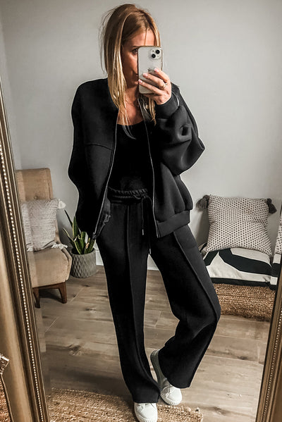 Black Solid Seamed Zipper Jacket and Drawstring Waist Pants Set-Two Piece Sets/Pant Sets-MomFashion