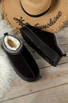 Black Suede Contrast Print Round Toe Plush Lined Flats-Shoes & Bags-MomFashion