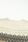 Khaki Geometric Print Ribbed Knitted V Neck Sweater-Tops-MomFashion