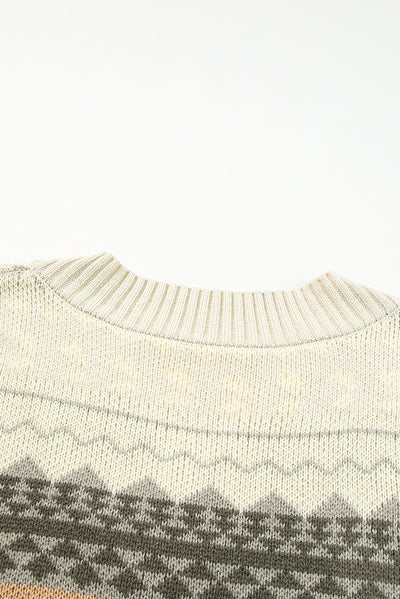 Khaki Geometric Print Ribbed Knitted V Neck Sweater-Tops-MomFashion