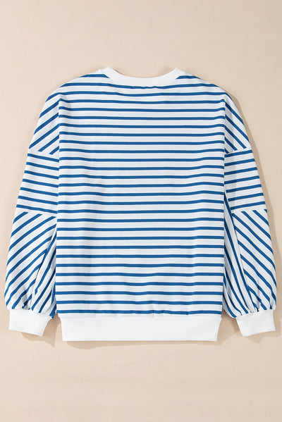 Blue Stripe Drop Shoulder Crew Neck Loose Sweatshirt-Tops/Sweatshirts & Hoodies-MomFashion