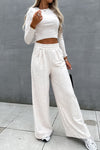 Beige Crop Top and Wide Leg Pants Two Piece Set-Loungewear-MomFashion