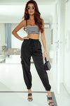 Black Satin Pocketed Drawstring Elastic Waist Pants-Bottoms-MomFashion