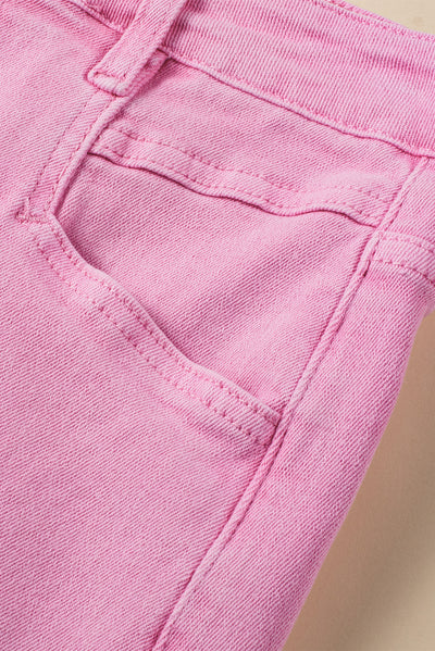 Pink Frayed Edge Mid Rise Denim Shorts-Bottoms-MomFashion