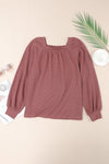 Square Neck Puff Sleeve Waffle Knit Top-Tops-MomFashion