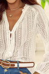 White V-Neck Long Sleeve Button Up Lace Shirt-Tops-MomFashion