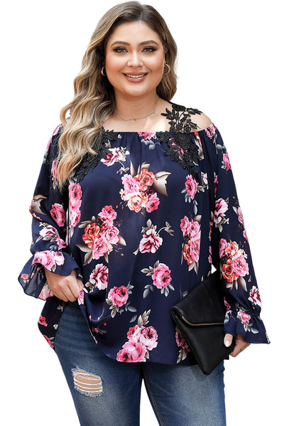 Navy Blue Plus Size Crochet Detail Cold shoulder Floral Blouse-Plus Size-MomFashion