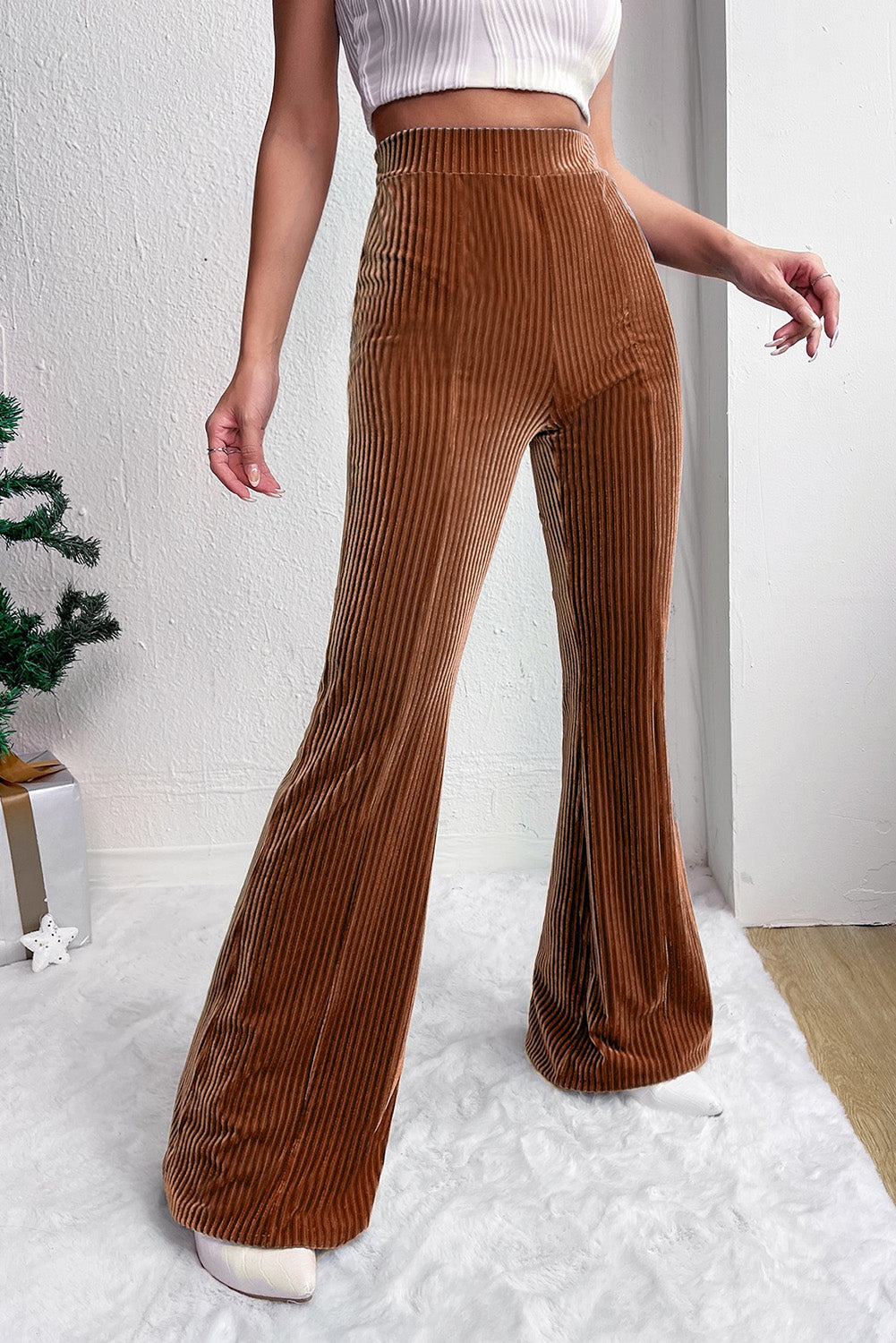 Chestnut Solid Color High Waist Flare Corduroy Pants-Bottoms-MomFashion