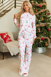 White Christmas Pattern Long Sleeve Top and Wide Leg Pants Set-Loungewear & Sleepwear/Loungewear-MomFashion