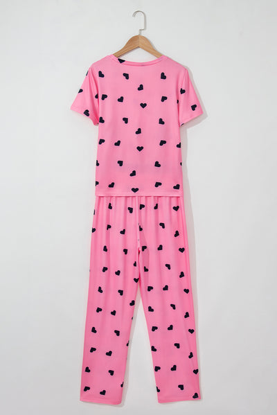 Pink Valentines Heart Print Tee and Pants Lounge Set-Loungewear-MomFashion