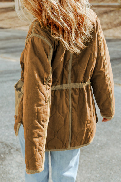 Brown Stitching Quilted Drawstring Jacket-Outerwear-MomFashion