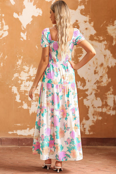 Multicolor Square Neck Puff Sleeve Tiered Floral Maxi Dress-Dresses-MomFashion