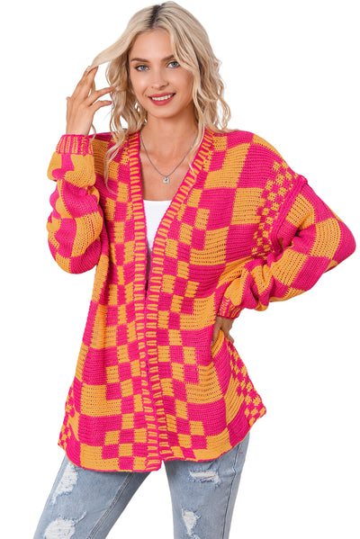 Multicolor Open Front Mixed Checkered Pattern Knit Cardigan-Tops-MomFashion