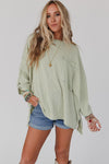 Green Ribbed Roll-tab Sleeve Chest Pocket Oversize Top-Tops-MomFashion