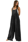 Black Textured Wide Leg Overalls-Bottoms-MomFashion