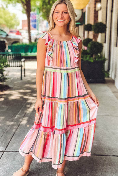 Pink Rainbow Stripe Ruffles Ruched Tiered Dress-Dresses-MomFashion