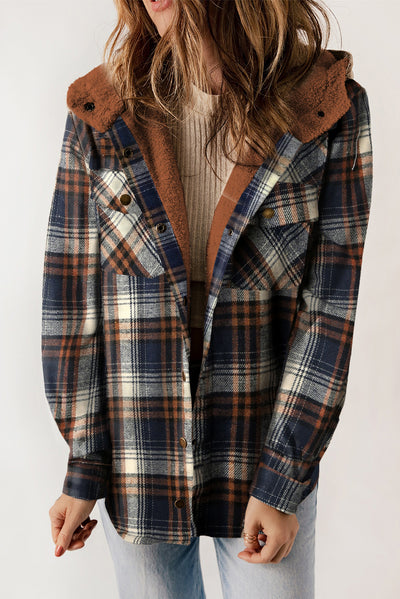 Plaid Pattern Sherpa Lined Hooded Shacket-Outerwear-MomFashion