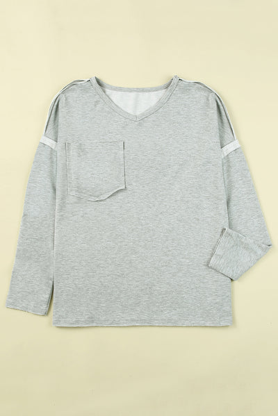 Gray Pocketed Oversized Drop Sleeve Top-Tops-MomFashion