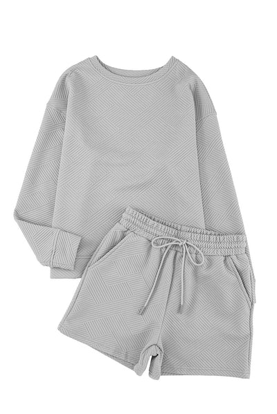 Gray Textured Long Sleeve Top and Drawstring Shorts Set-Loungewear-MomFashion