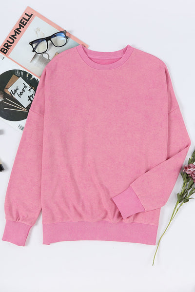 Pink Drop Shoulder Ribbed Trim Oversized Sweatshirt-Tops-MomFashion