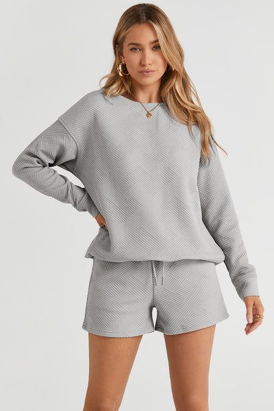 Gray Textured Long Sleeve Top and Drawstring Shorts Set-Loungewear-MomFashion